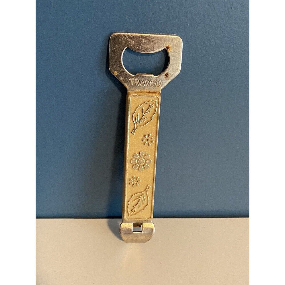 Vintage Travco Bottle Opener Cream and Gold Floral,  Flower & Leaves 1960’s